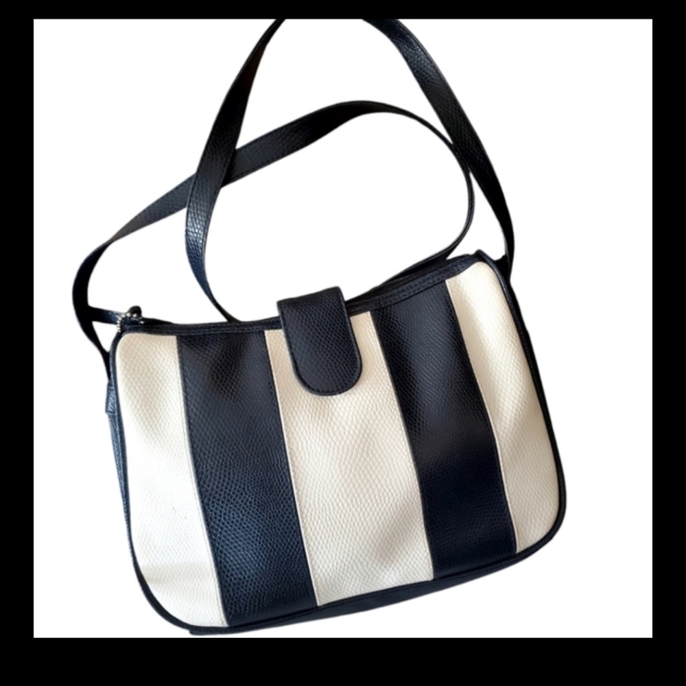 Kuang Huei Navy & White Crossbody, Pebble Textured Vertical Stripe
